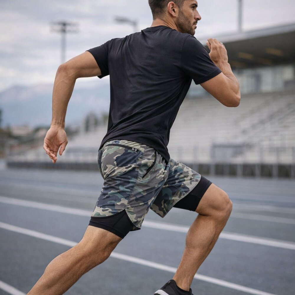 Men's Athletic Camo Shorts with slip liner Zippered pocket in the back